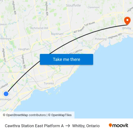 Cawthra Station East Platform A to Whitby, Ontario map