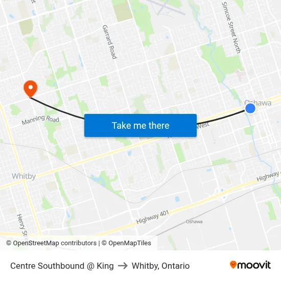 Centre Southbound @ King to Whitby, Ontario map