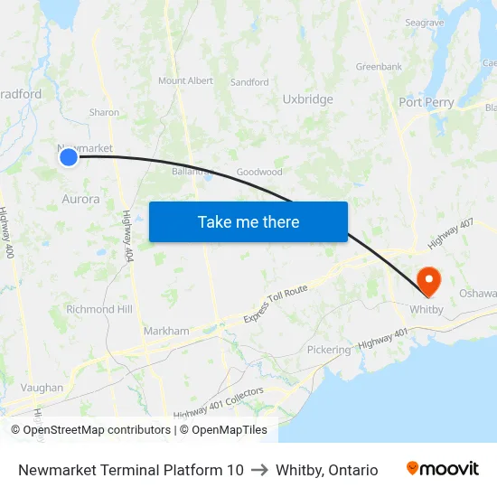 Newmarket Terminal Platform 10 to Whitby, Ontario map