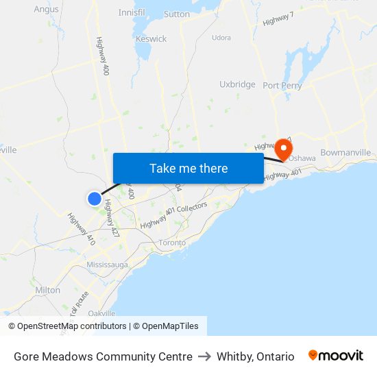 Gore Meadows Community Centre to Whitby, Ontario map