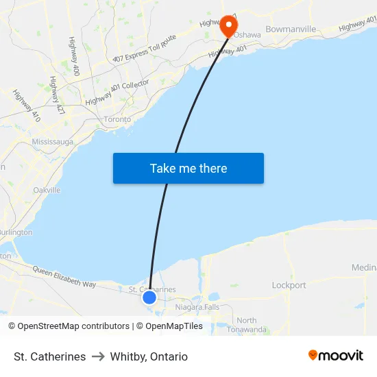 St. Catherines to Whitby, Ontario map