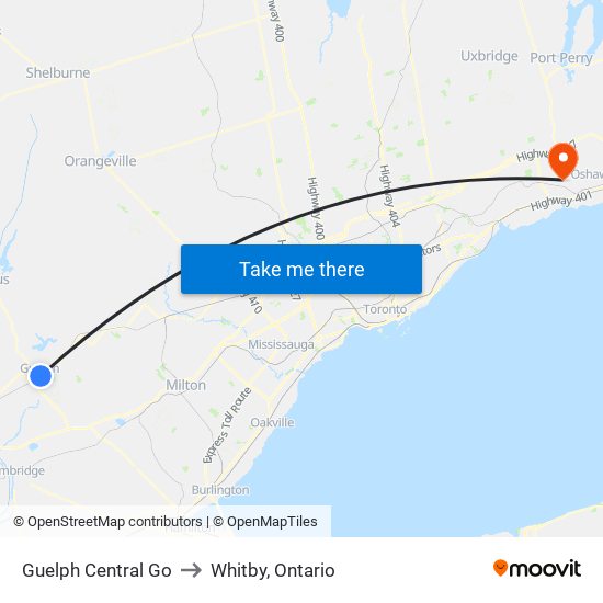 Guelph Central Go to Whitby, Ontario map