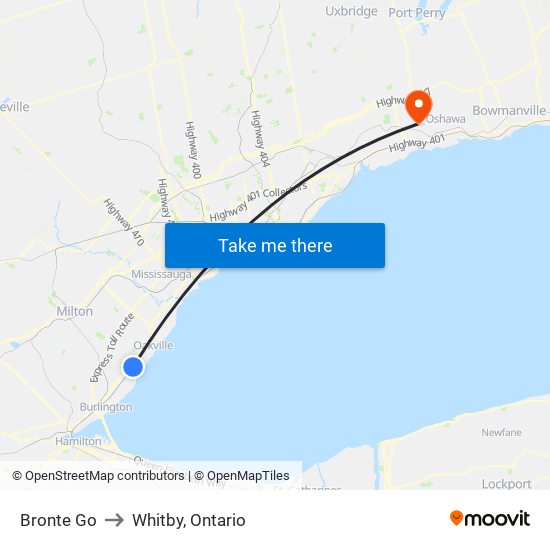 Bronte Go to Whitby, Ontario map