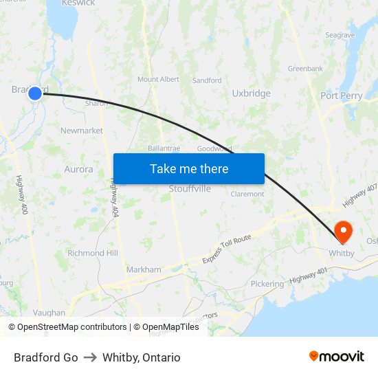 Bradford Go to Whitby, Ontario map
