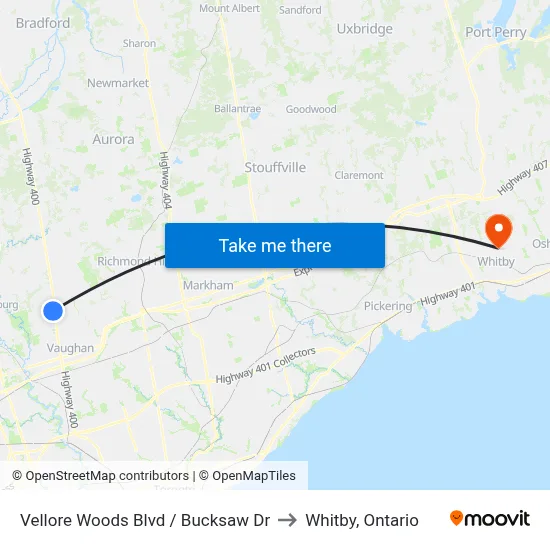 Vellore Woods Blvd / Bucksaw Dr to Whitby, Ontario map