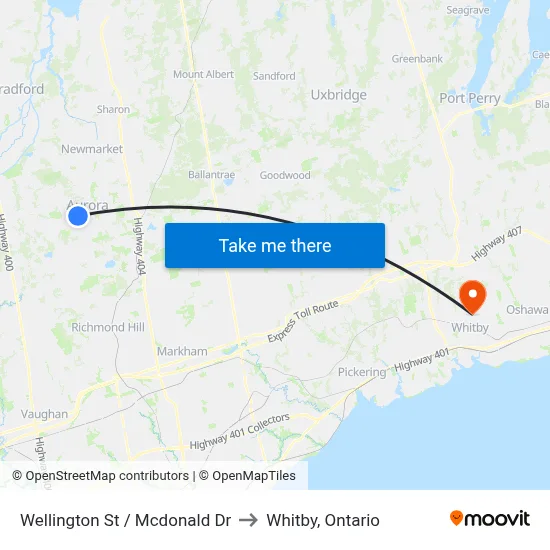 Wellington St / Mcdonald Dr to Whitby, Ontario map