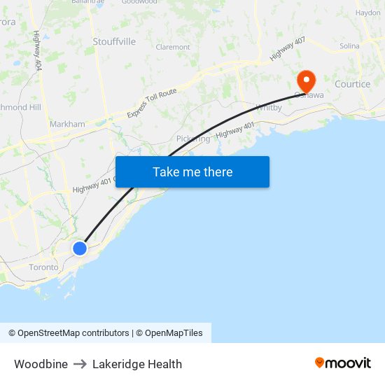 Woodbine to Lakeridge Health map