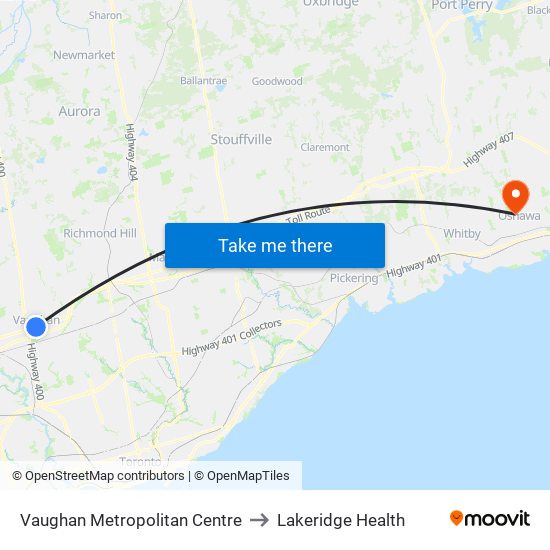 Vaughan Metropolitan Centre to Lakeridge Health map