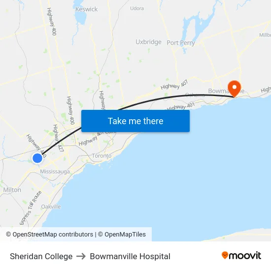 Sheridan College to Bowmanville Hospital map