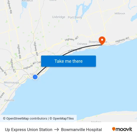 Up Express Union Station to Bowmanville Hospital map