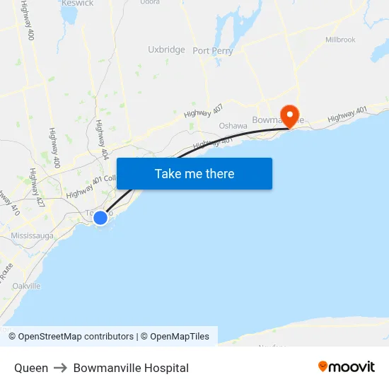 Queen to Bowmanville Hospital map