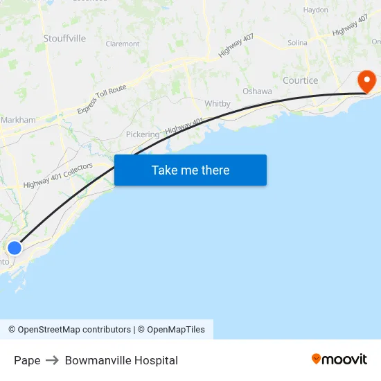 Pape to Bowmanville Hospital map