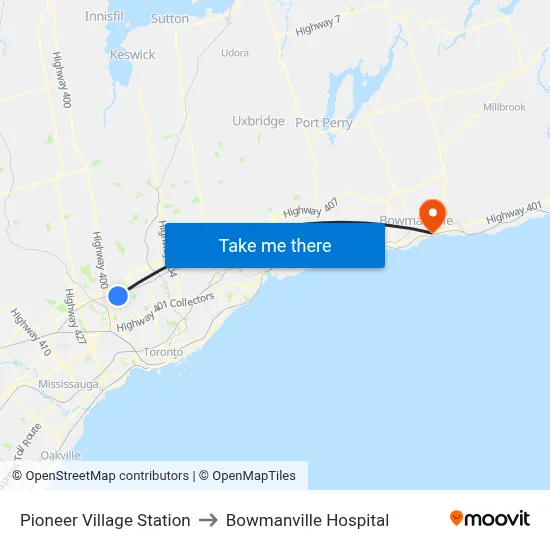 Pioneer Village Station to Bowmanville Hospital map