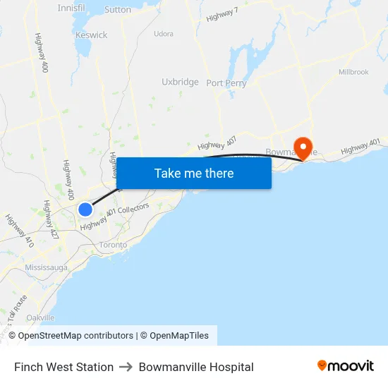 Finch West Station to Bowmanville Hospital map