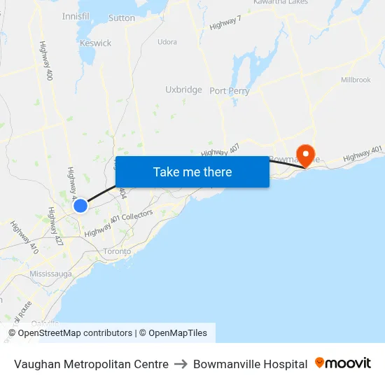 Vaughan Metropolitan Centre to Bowmanville Hospital map