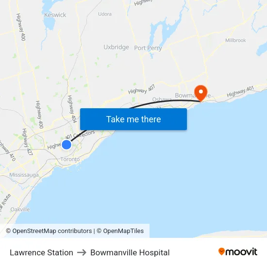 Lawrence Station to Bowmanville Hospital map
