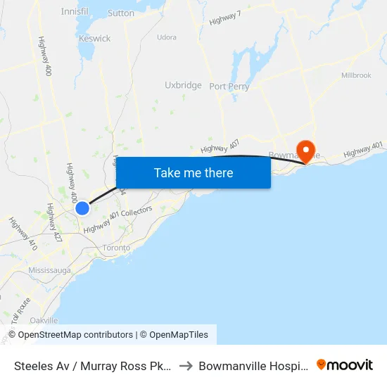 Steeles Av / Murray Ross Pkwy to Bowmanville Hospital map