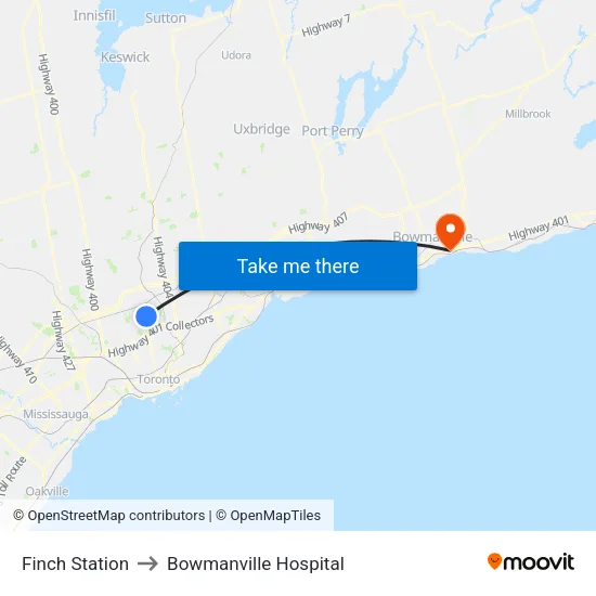 Finch Station to Bowmanville Hospital map