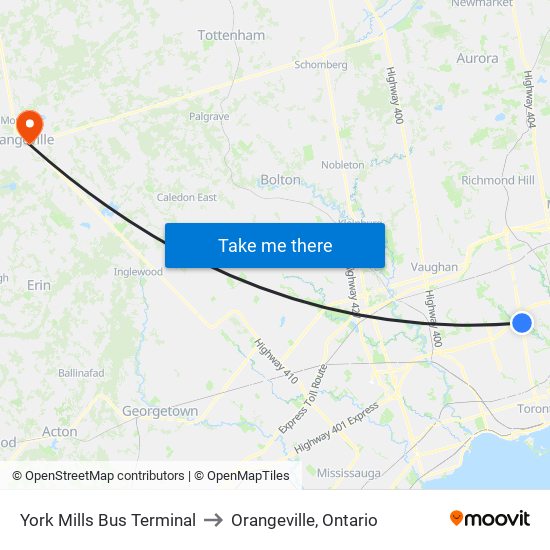 York Mills Bus Terminal to Orangeville, Ontario map
