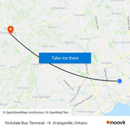 Yorkdale Bus Terminal to Orangeville, Ontario map