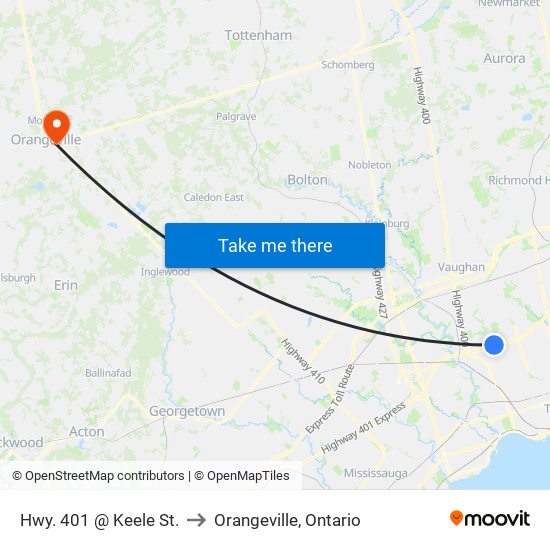 Hwy. 401 @ Keele St. to Orangeville, Ontario map
