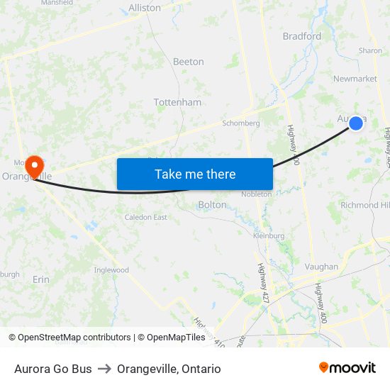 Aurora Go Bus to Orangeville, Ontario map