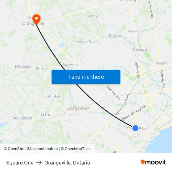 Square One to Orangeville, Ontario map