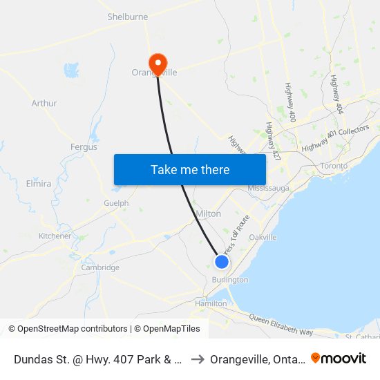 Dundas St. @ Hwy. 407 Park & Ride to Orangeville, Ontario map