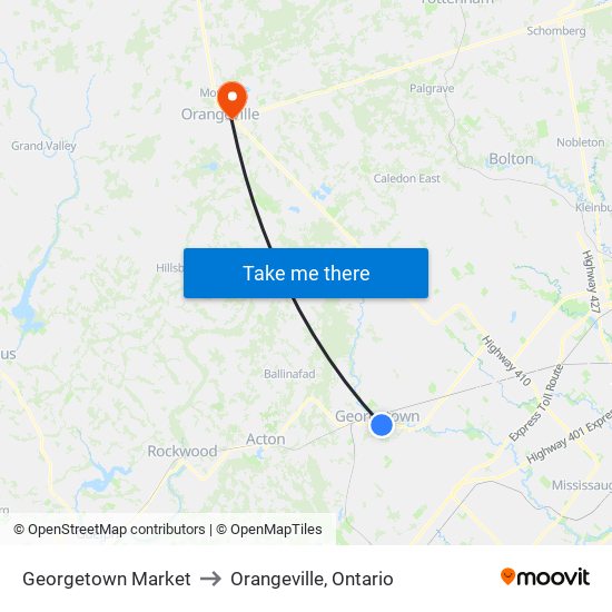 Georgetown Market to Orangeville, Ontario map