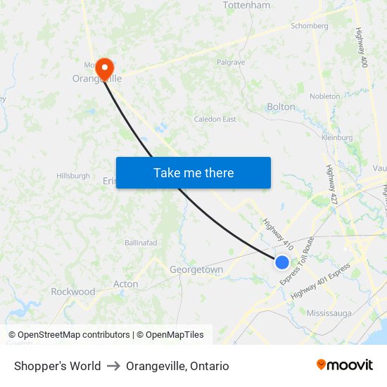 Shopper's World to Orangeville, Ontario map