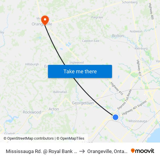 Mississauga Rd. @ Royal Bank Dr. to Orangeville, Ontario map