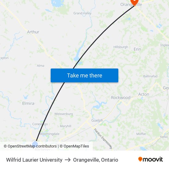 Wilfrid Laurier University to Orangeville, Ontario map