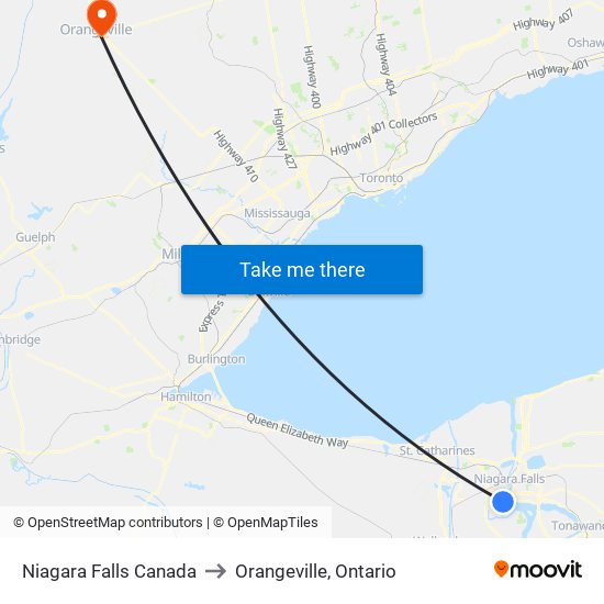 Niagara Falls Canada to Orangeville, Ontario map