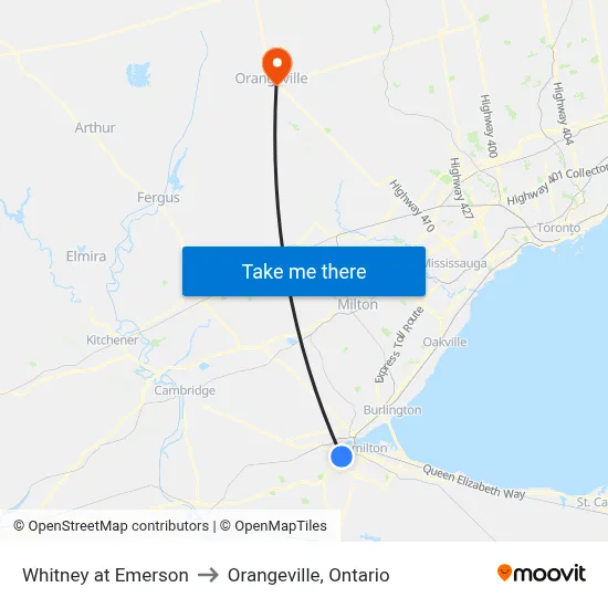 Whitney at Emerson to Orangeville, Ontario map