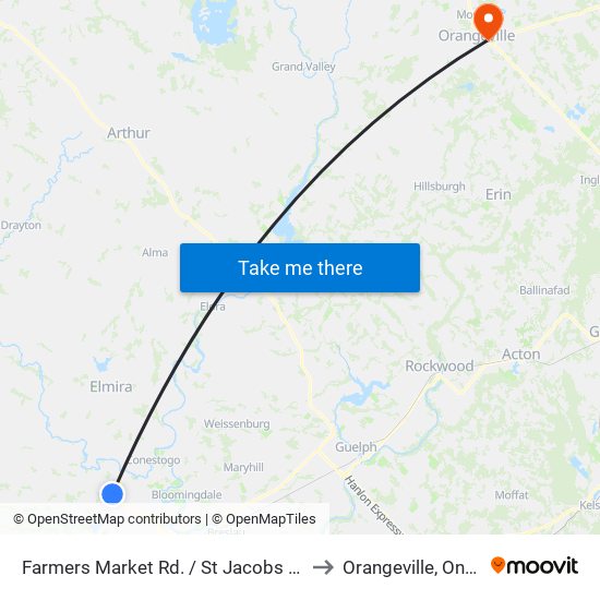 Farmers Market Rd. / St Jacobs Market to Orangeville, Ontario map