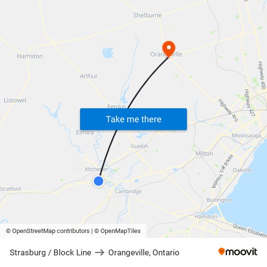 Strasburg / Block Line to Orangeville, Ontario map