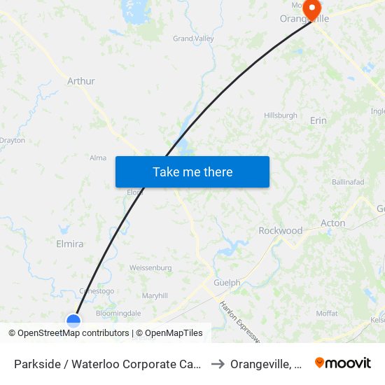 Parkside / Waterloo Corporate Campus - North to Orangeville, Ontario map