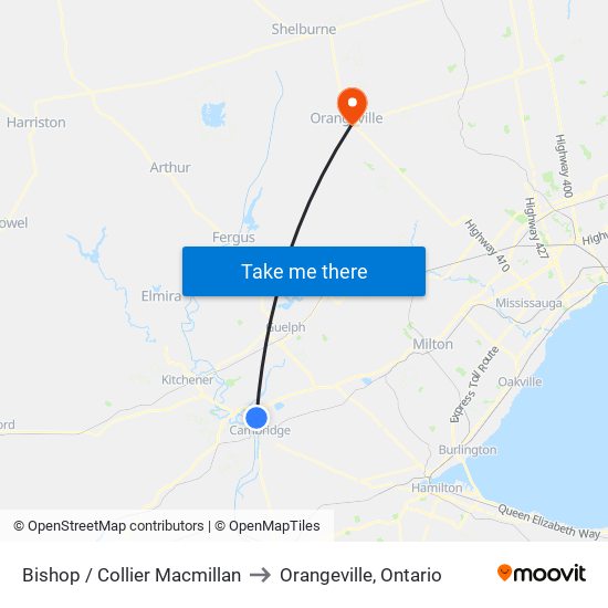 Bishop / Collier Macmillan to Orangeville, Ontario map