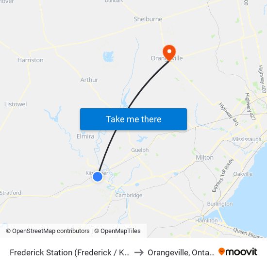 Frederick Station (Frederick / King) to Orangeville, Ontario map