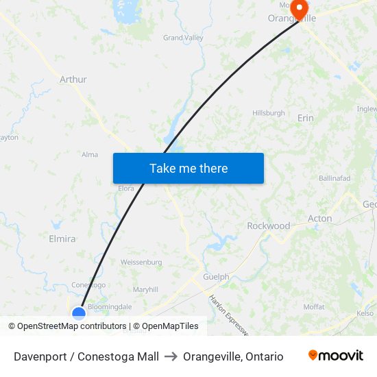 Davenport / Conestoga Mall to Orangeville, Ontario map