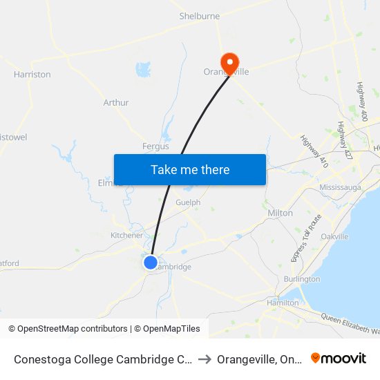 Conestoga College Cambridge Campus to Orangeville, Ontario map