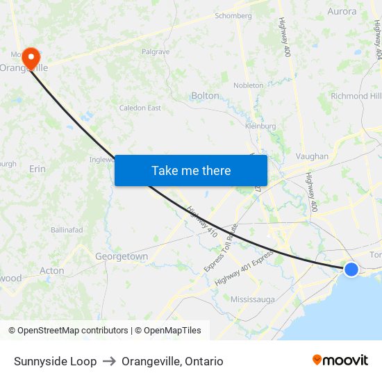 Sunnyside Loop to Orangeville, Ontario map
