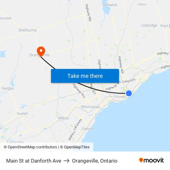 Main St at Danforth Ave to Orangeville, Ontario map