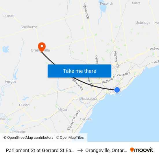 Parliament St at Gerrard St East to Orangeville, Ontario map