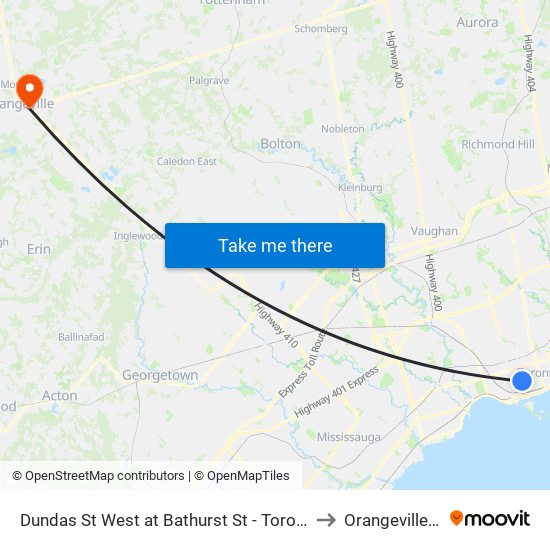 Dundas St West at Bathurst St - Toronto Western Hospital to Orangeville, Ontario map