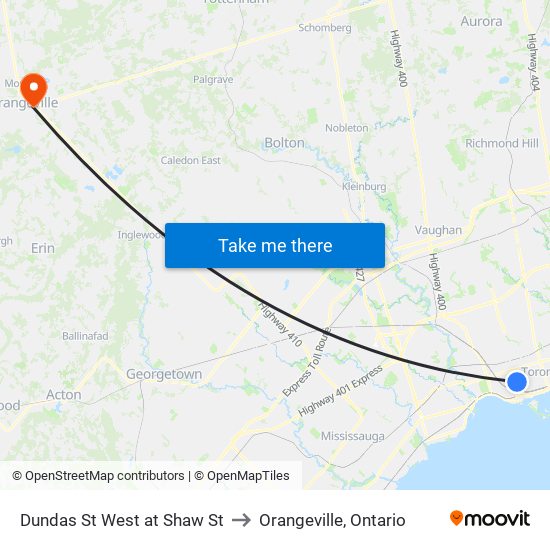 Dundas St West at Shaw St to Orangeville, Ontario map