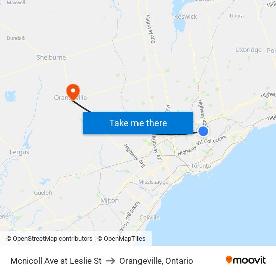 Mcnicoll Ave at Leslie St to Orangeville, Ontario map