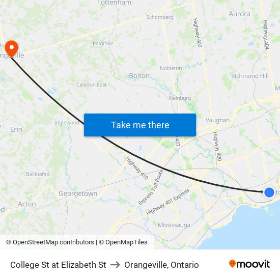 College St at Elizabeth St to Orangeville, Ontario map