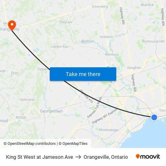 King St West at Jameson Ave to Orangeville, Ontario map