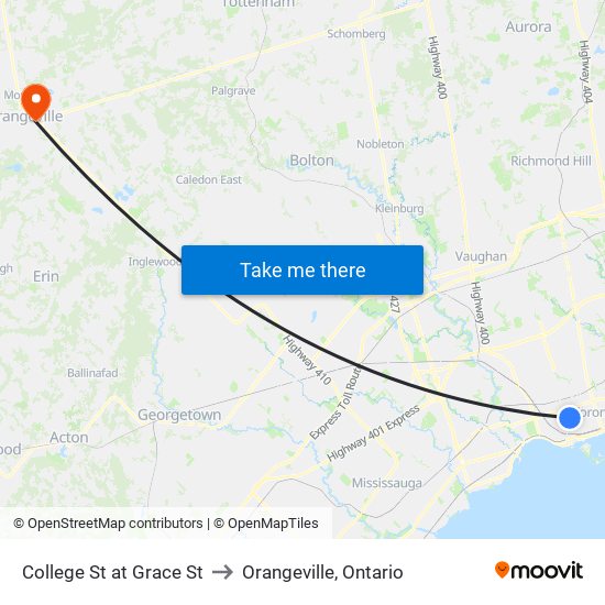 College St at Grace St to Orangeville, Ontario map